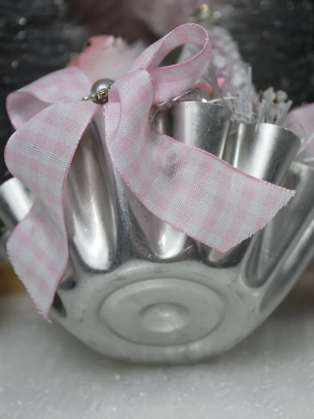 Pink Deer Christmas Assemblage: Bottle Brush Trees in Vintage Tart Tin